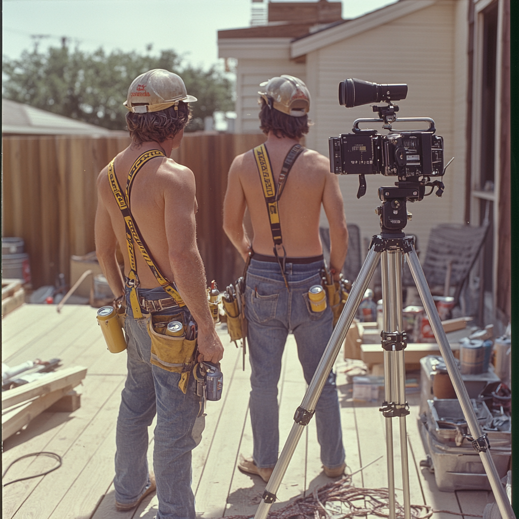 1975 Documentary Scene: Men Working on Deck Project