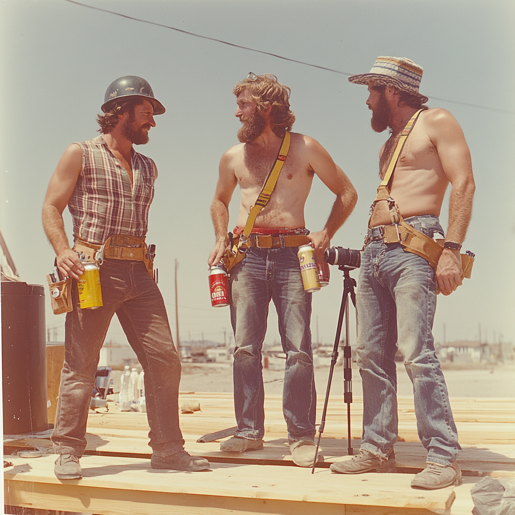 1975 Men Building Deck with Beer and Camera