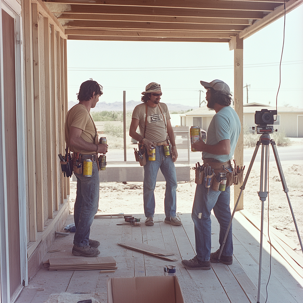 1975 men working on deck project in desert city