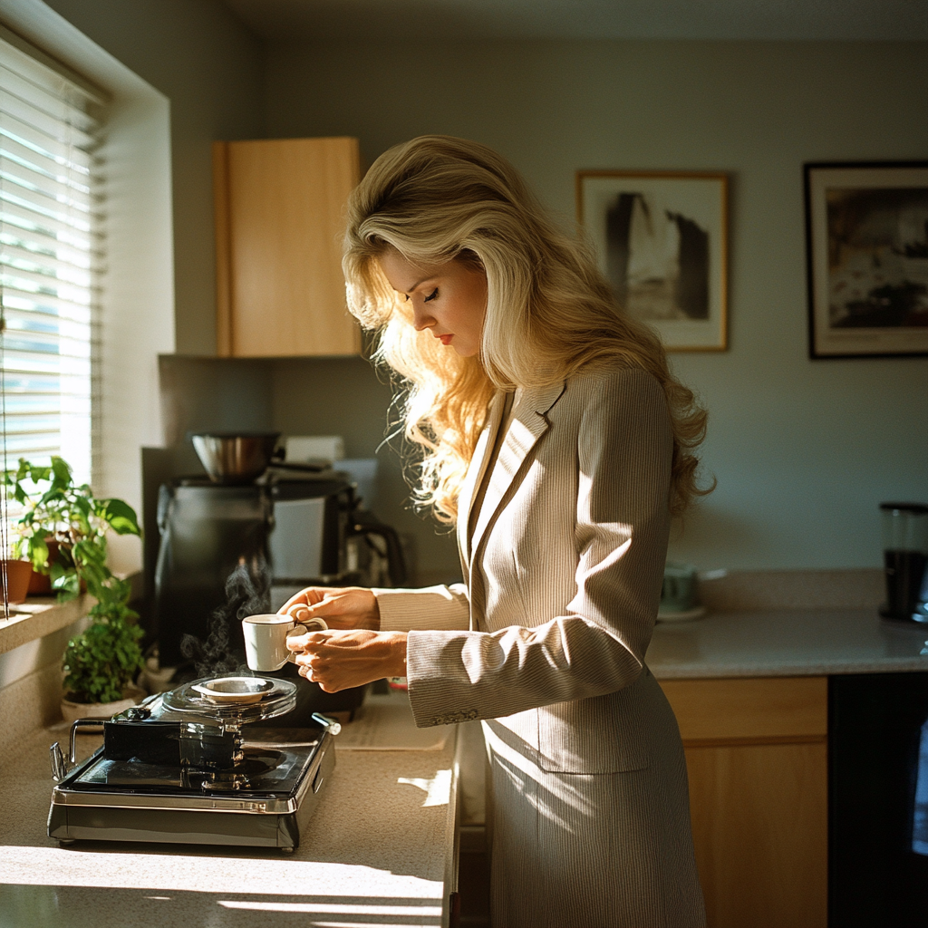 1980's Blonde Woman Making Coffee in Business Suit