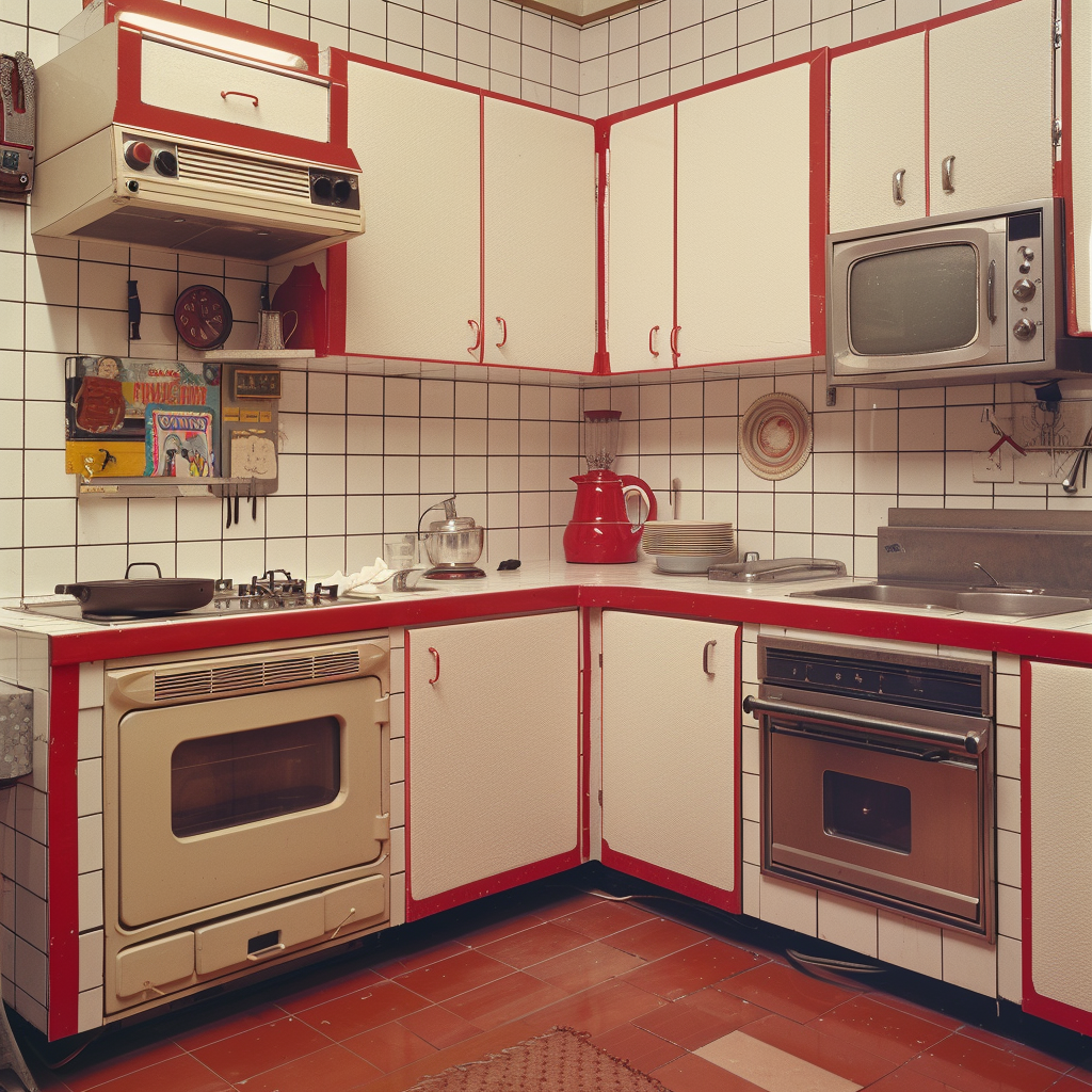 1980's Minimal Kitchen Design with Red Trim Tiles and Nightmare TV Art Installation