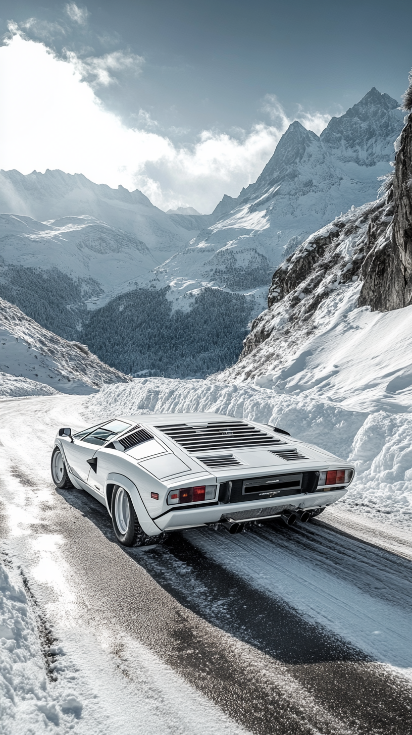 1980 Lamborghini Countach in glossy white amidst snow-covered mountains.