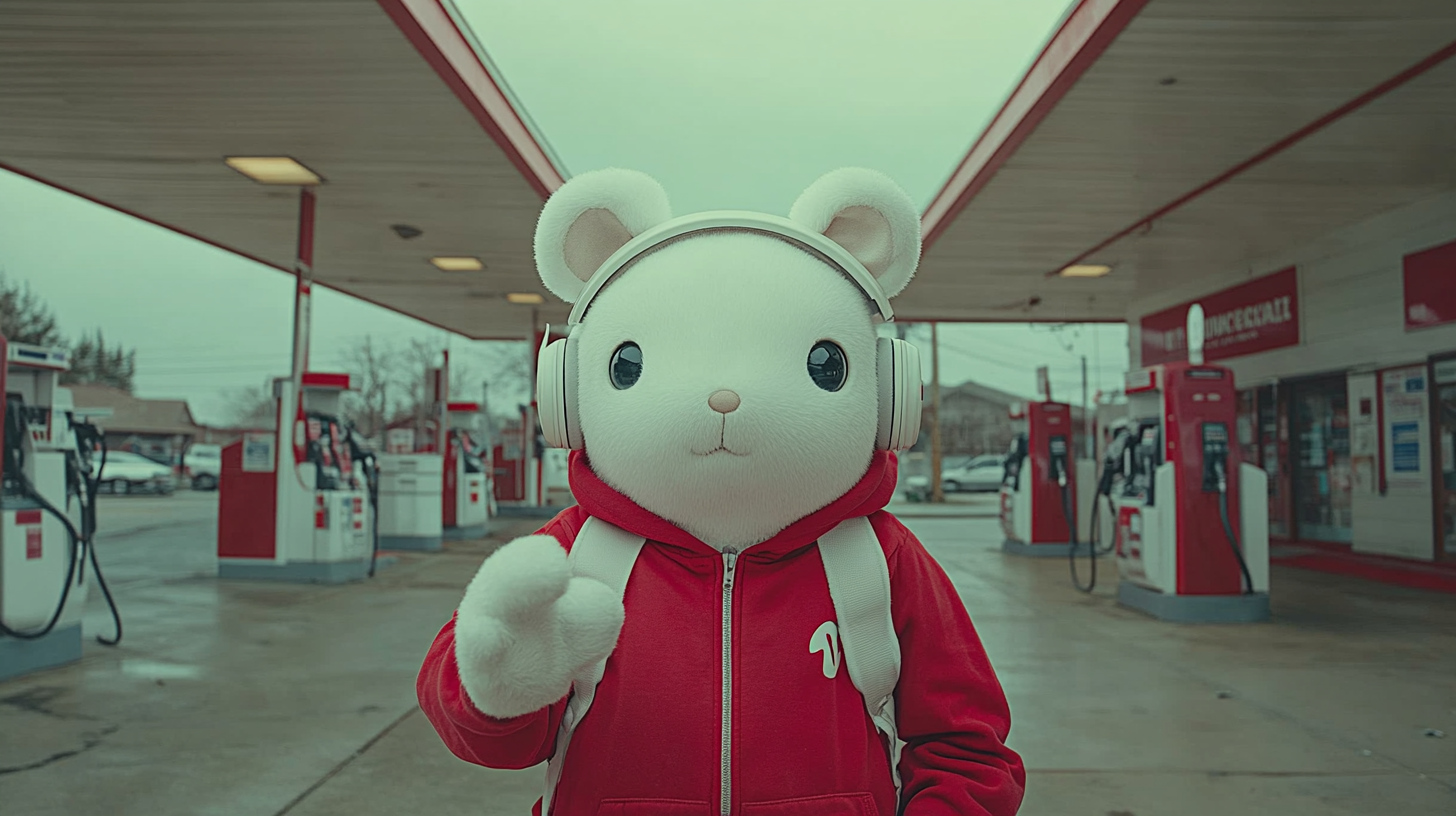 1980 movie scene: marshmallow gas station worker with headphones.