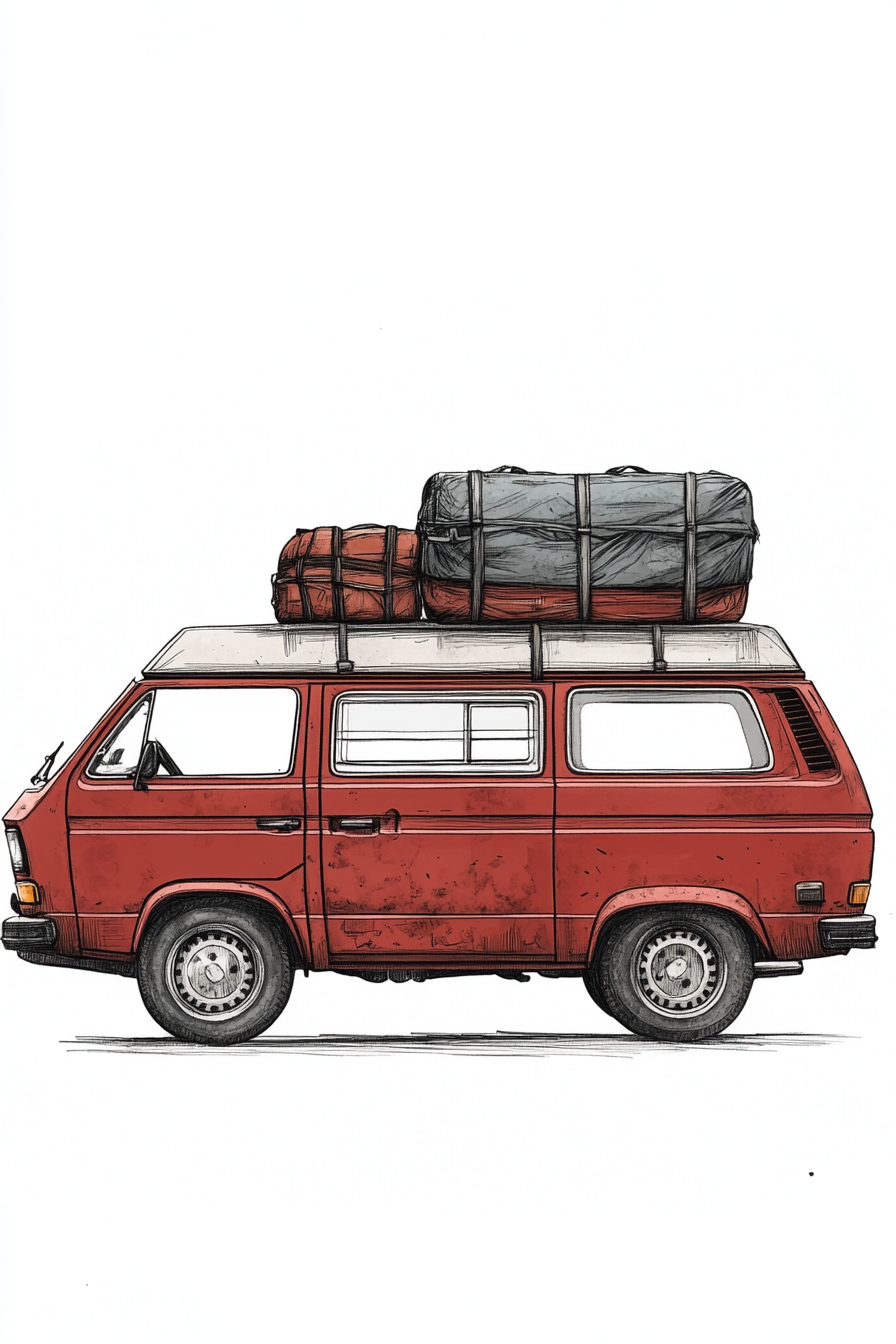 1980 red van with luggage on roof, drawn in ink.