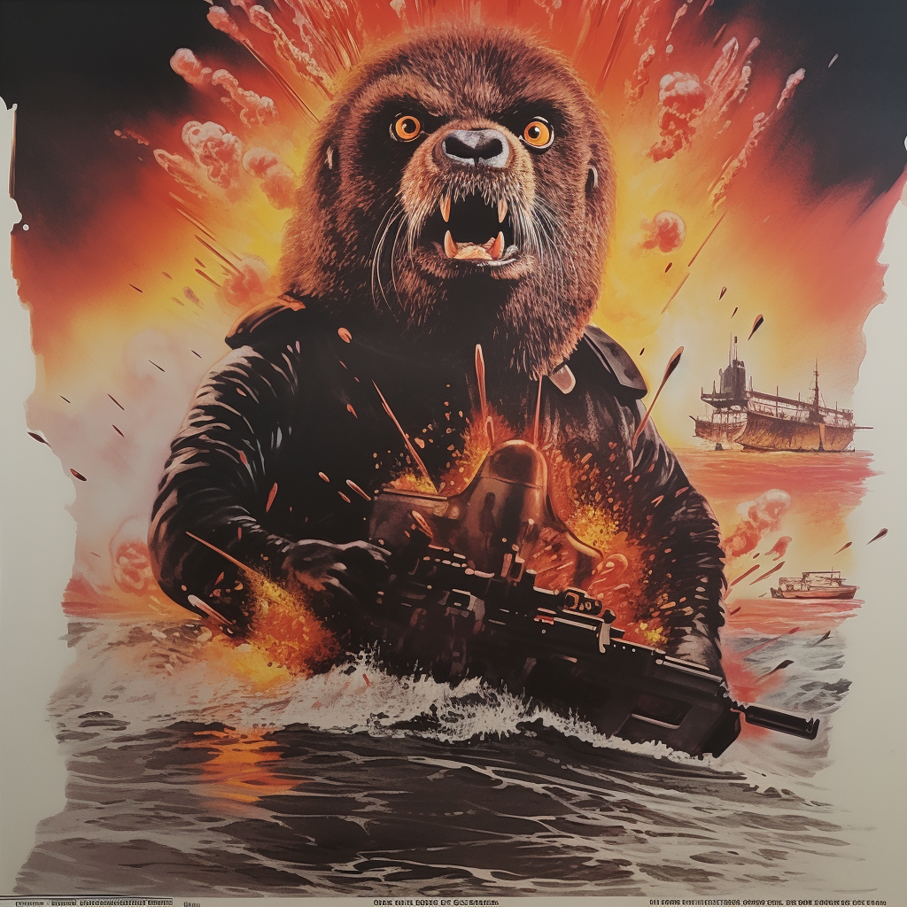 Sea lion in tactical gear engaged in explosive battle