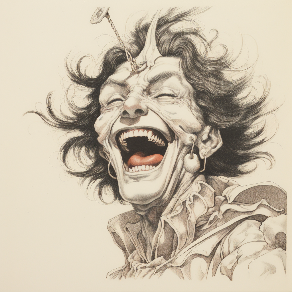 Impish jester laughing in colorful 1980s anime style