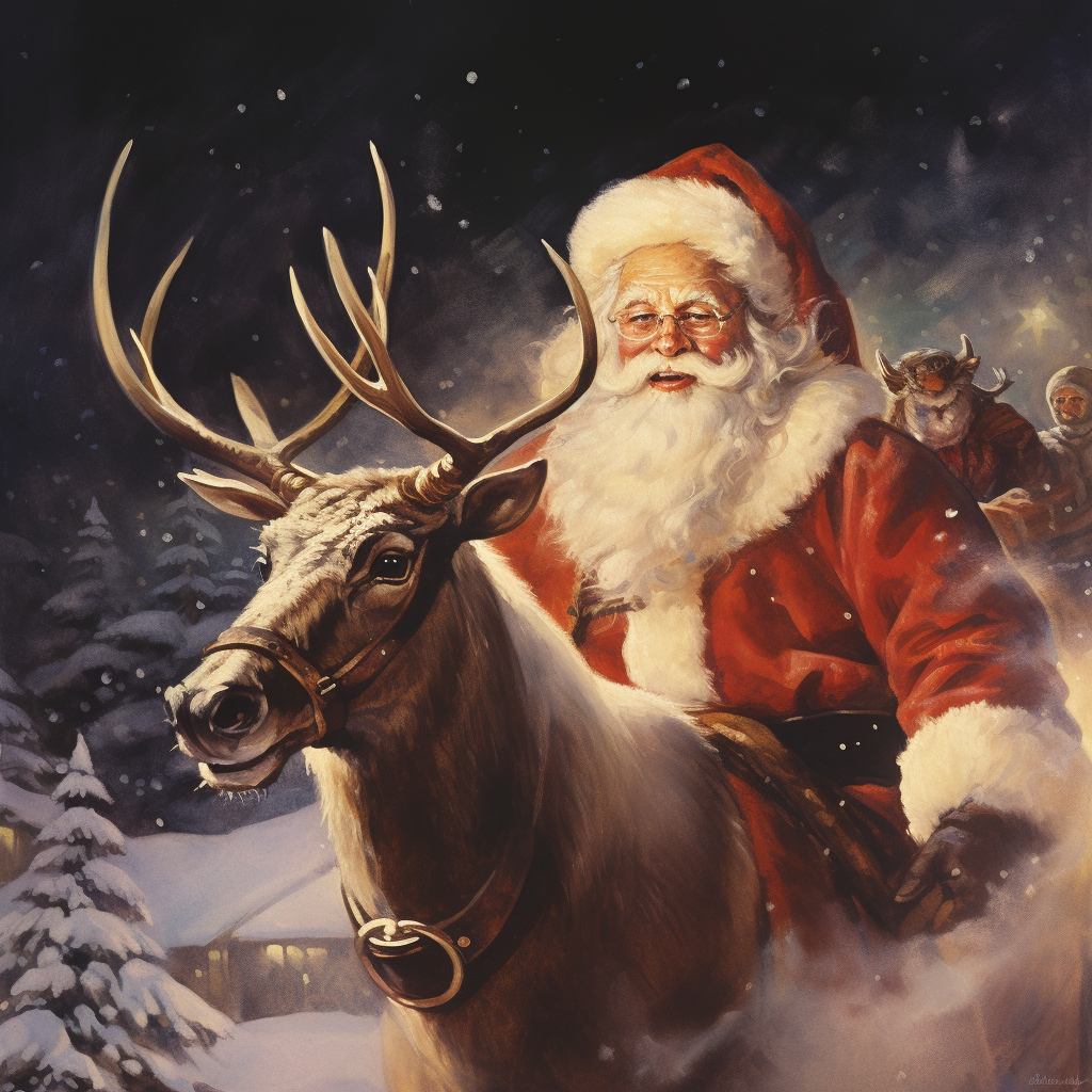 Santa and reindeer in 1980s Christmas card art