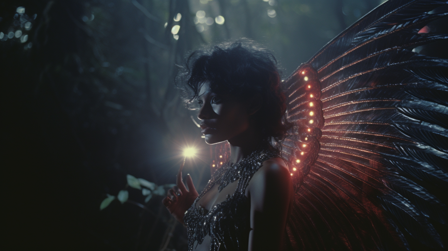 Beautiful Angel with Peacock Wings in 1980s Dark Fantasy