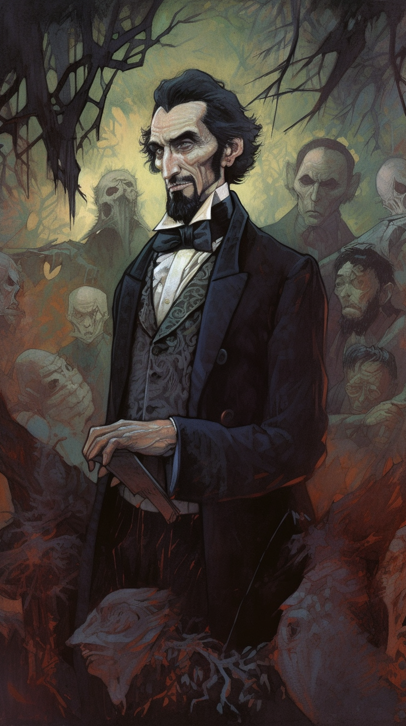 Dark fantasy book illustration in Frazette-Art style featuring Abe Lincoln as a vampire slayer