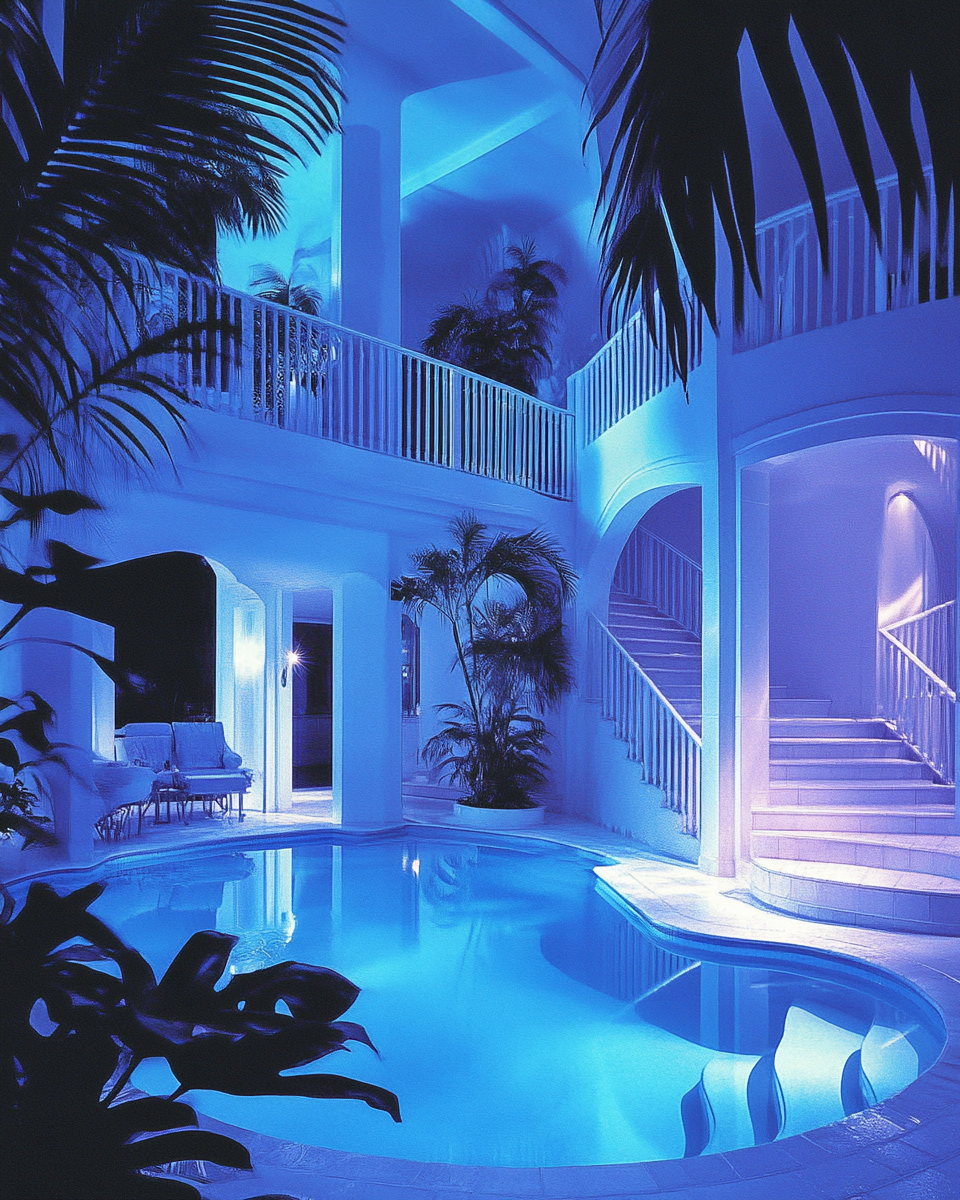 1980s decor style magazine, mansion indoor pool, Miami.