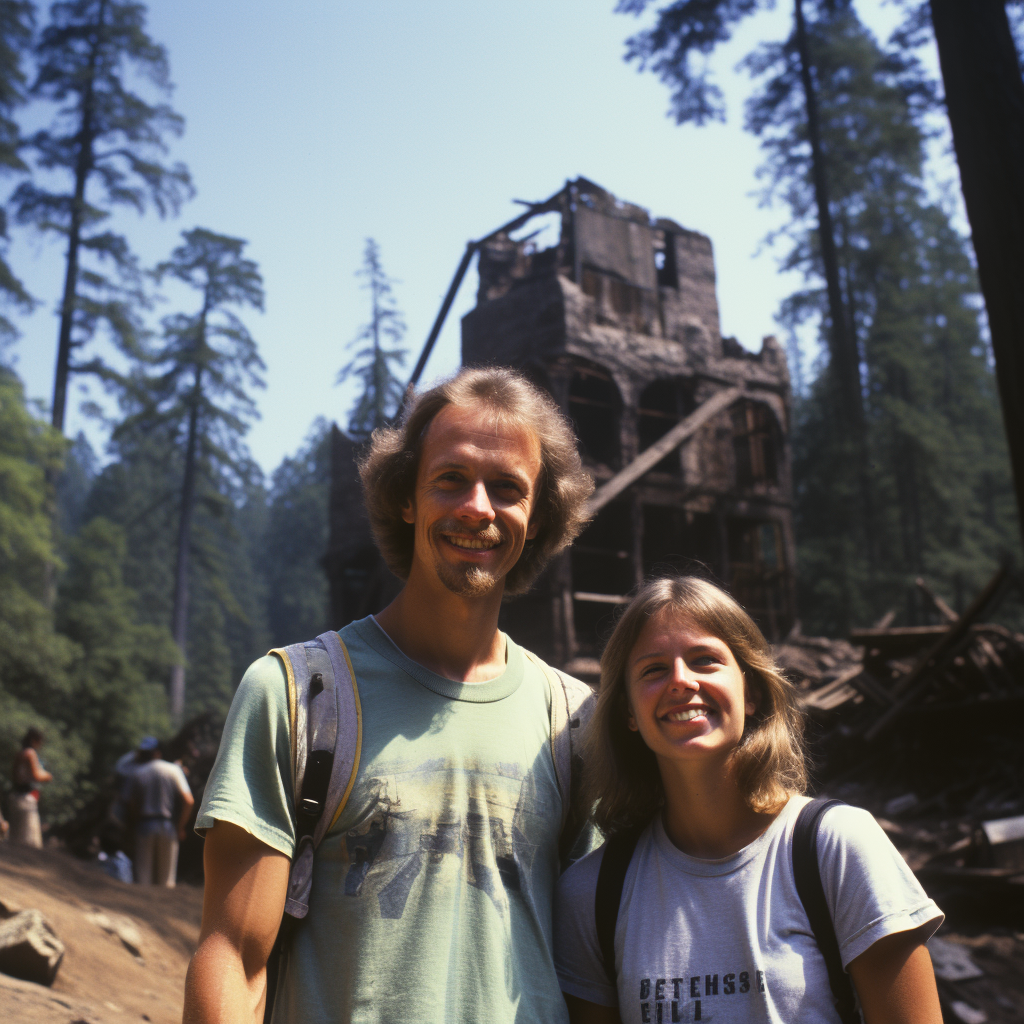 Family hikers smiling in 1980s