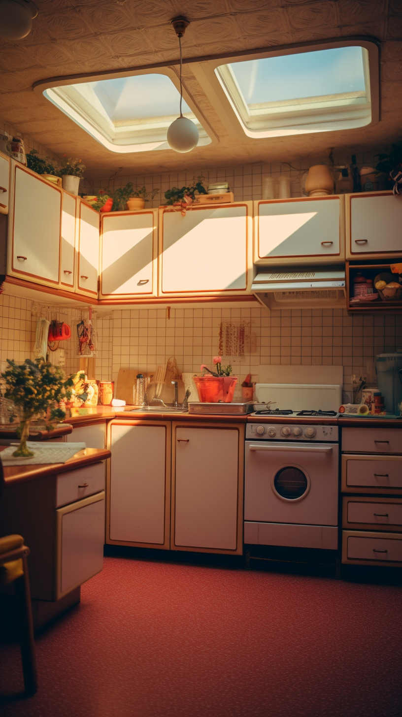 Vintage 1980s kitchen with colorful patterns