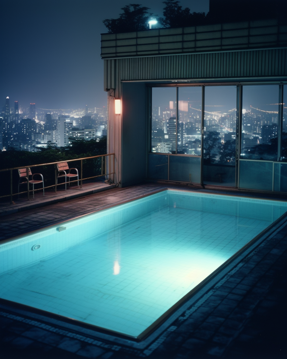 Swimming pool in 1980s Tokyo at night