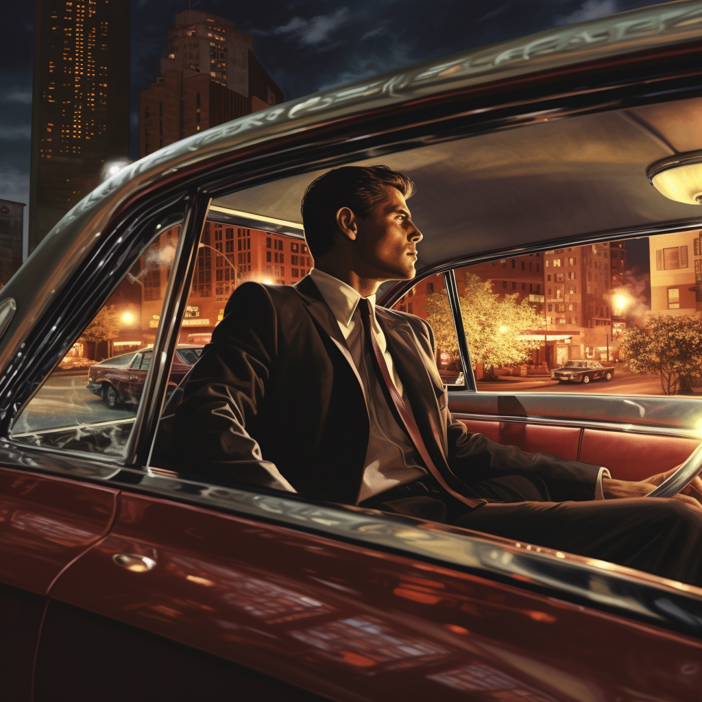 Mobster sitting in Buick, gazing at urban reflection