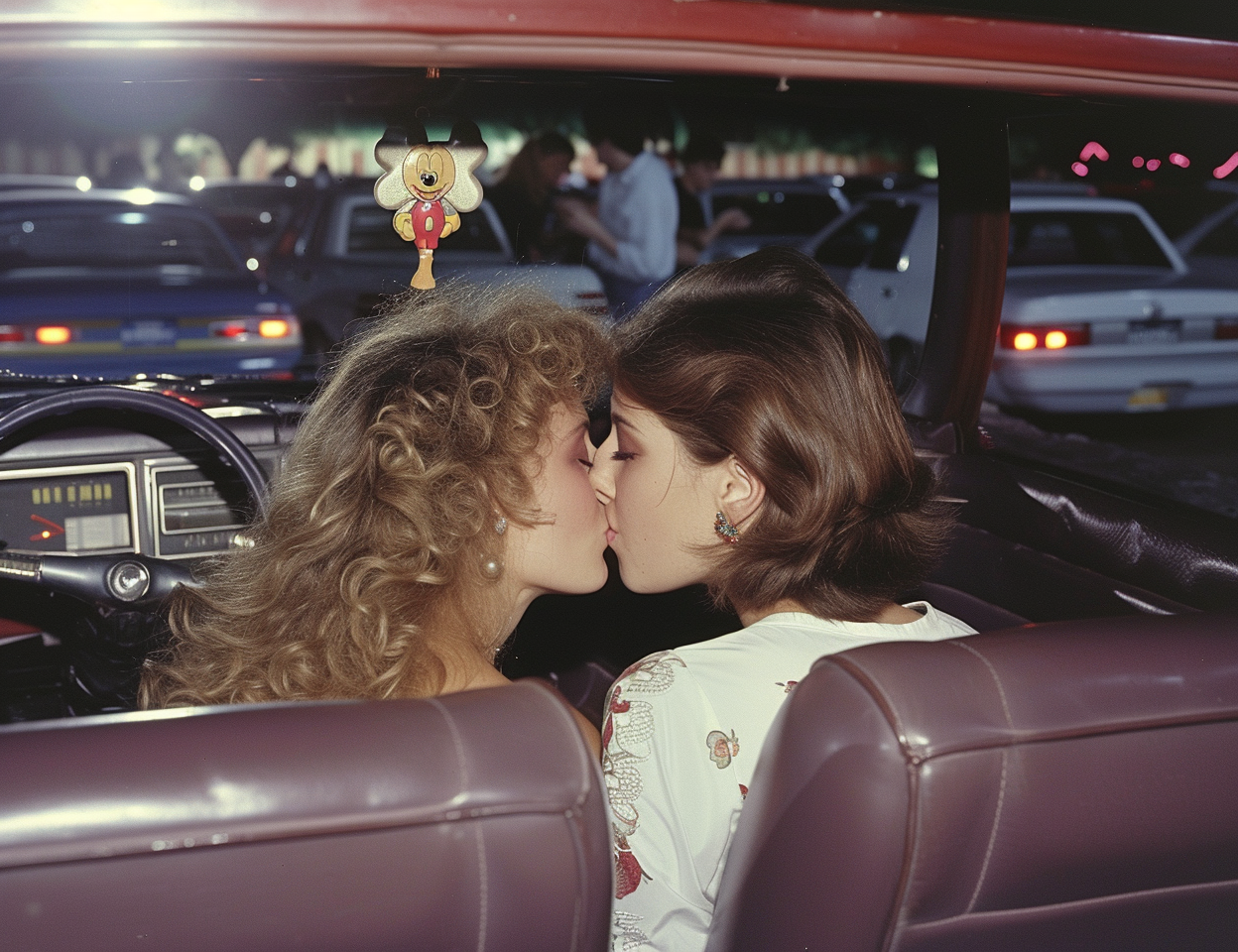 Two young women kissing in 1980s movie style