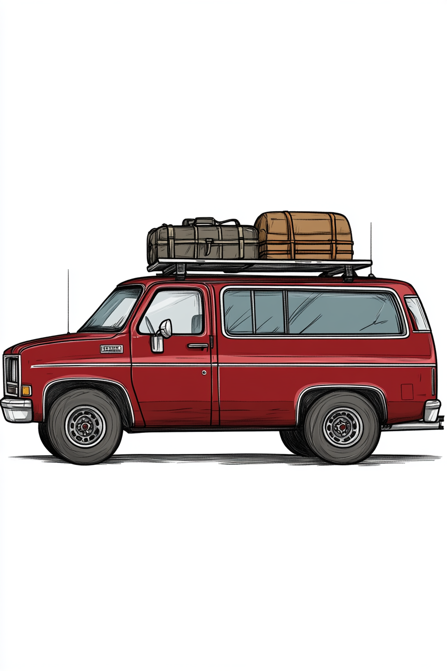 1980s red Chevy panel van with luggage on roof.