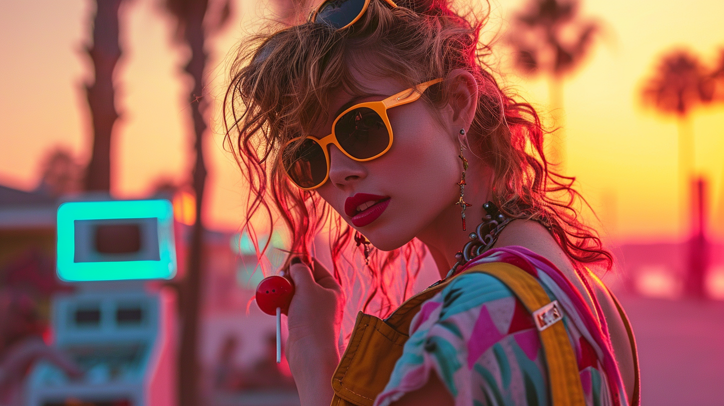 Skater girl in vibrant 1980s street scene