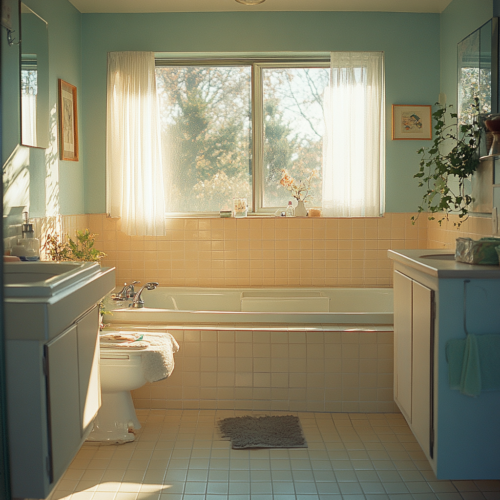 1980s style master bathroom in Washington, well-lit. Blue and tan decor, sunlight through windows. Shot on Fuji film.