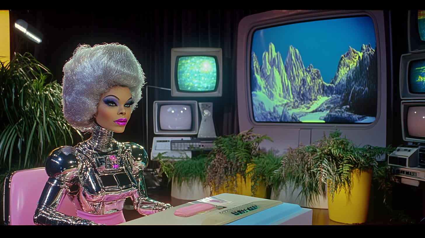 1980s video frame of female televangelist robot at desk.