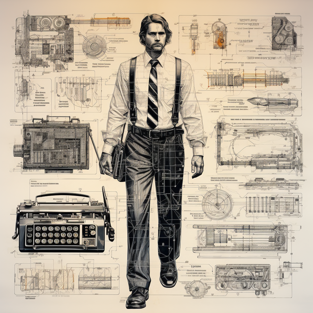 Detailed blueprint of a 1980s businessman