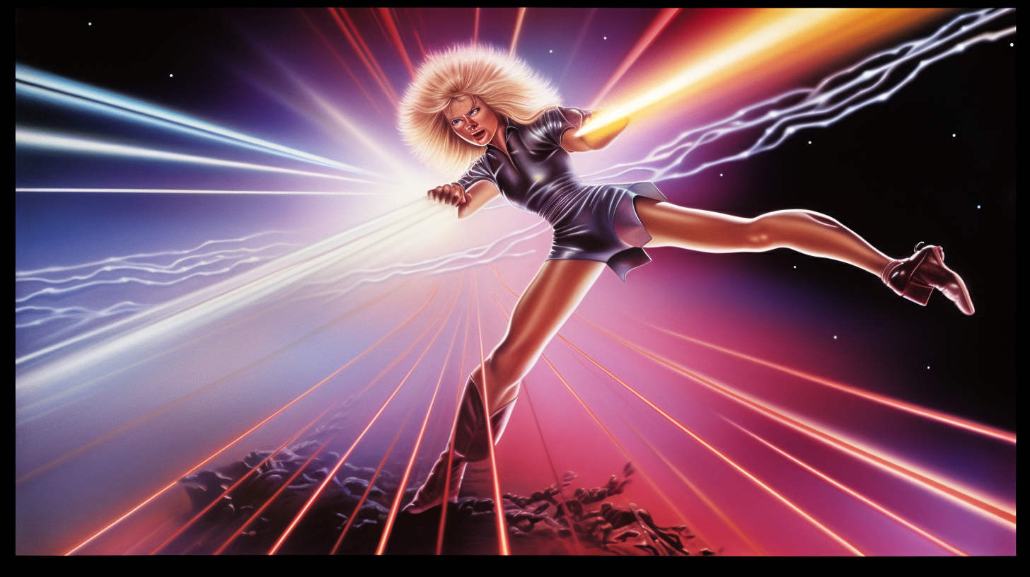 Blonde woman dodging lasers in 1980s movie poster