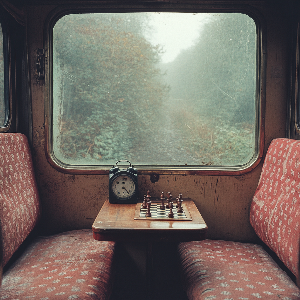 1990s Irish train carriage interior with chess clock timer.