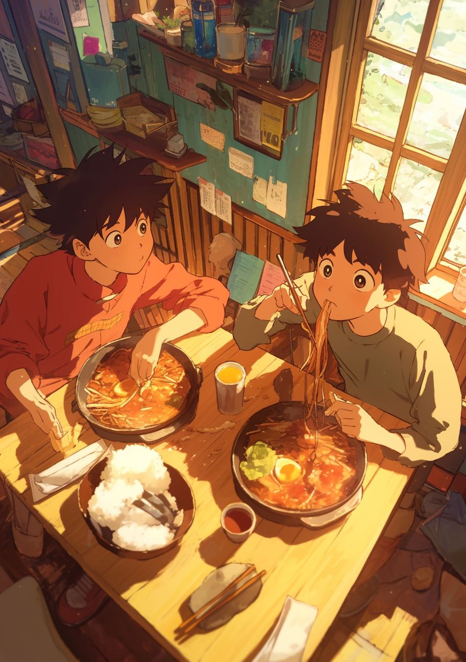 1990s anime style with boys eating in restaurant.