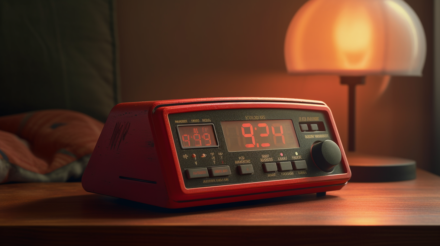 1990s digital alarm clock radio on bedside table.