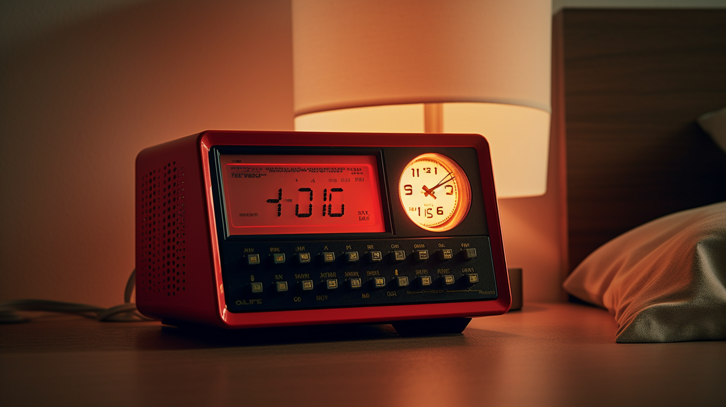 1990s digital clock radio with red numbers, cozy atmosphere.