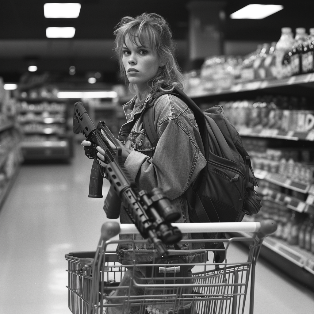 1990s grocery store woman shopping with M16