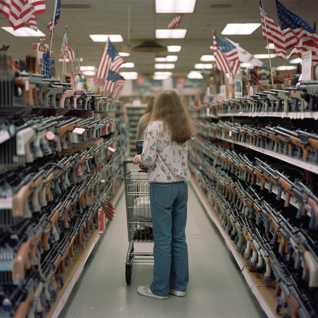 Woman shopping cart assault rifles in grocery store