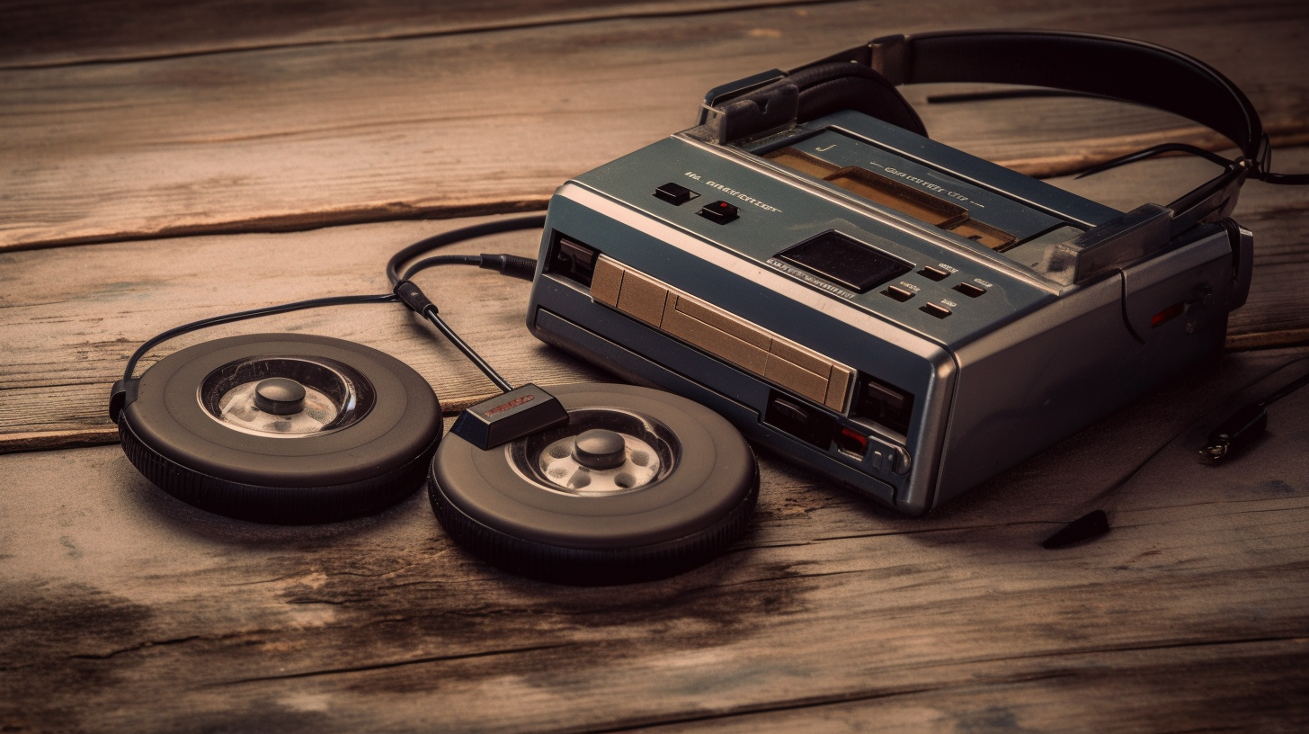 1990s portable cassette player on wooden table with headphones.