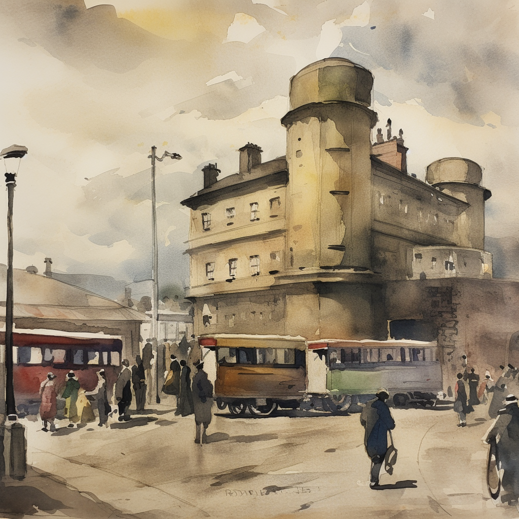 19th century watercolour painting, modern 1960s Preston Bus Station.