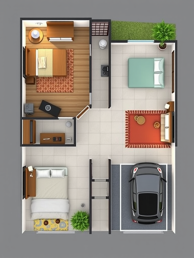 2-Bedroom Floor Plan with Living Area and Parking