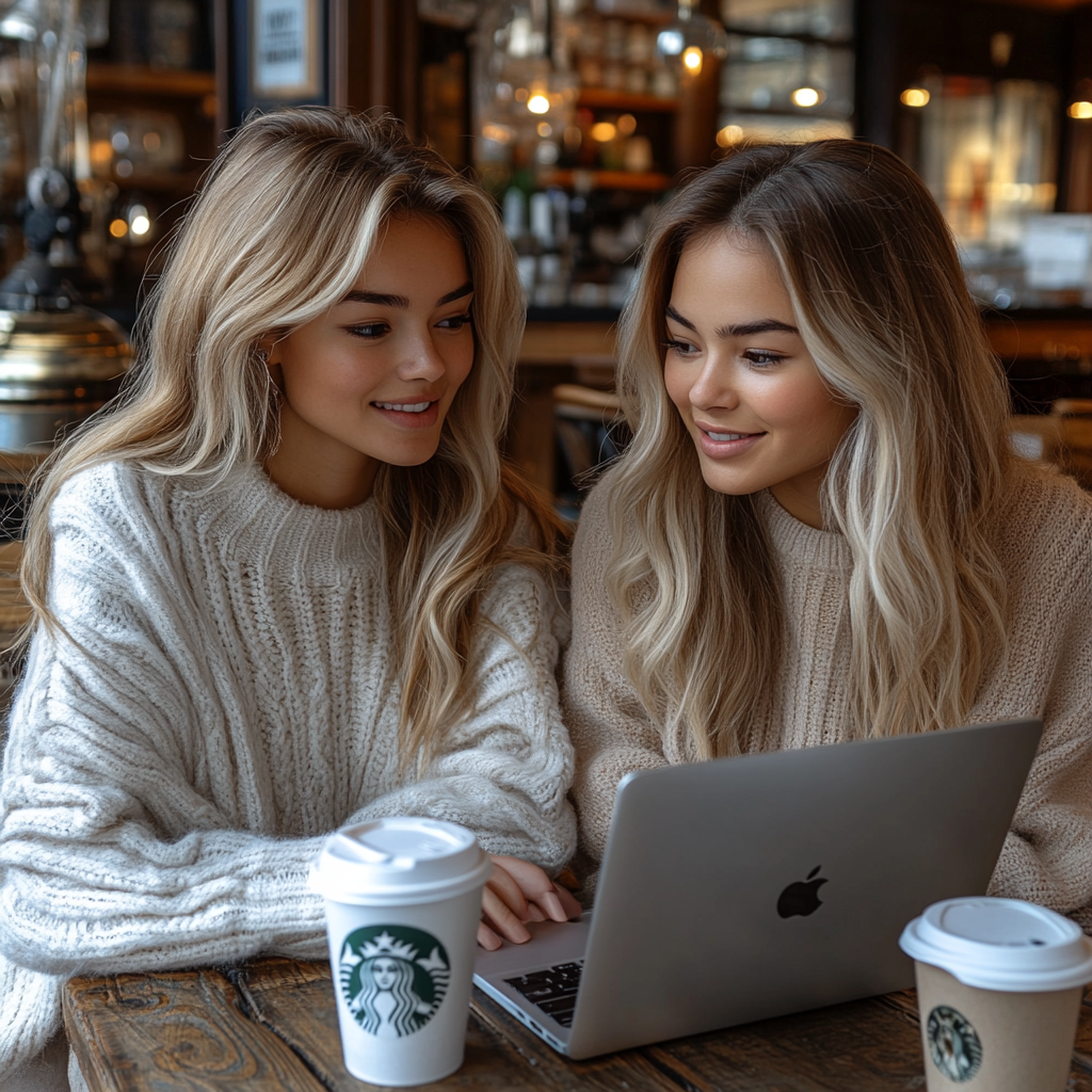 2 Girls Using MacBook Pro M2 Chip in Starbucks 