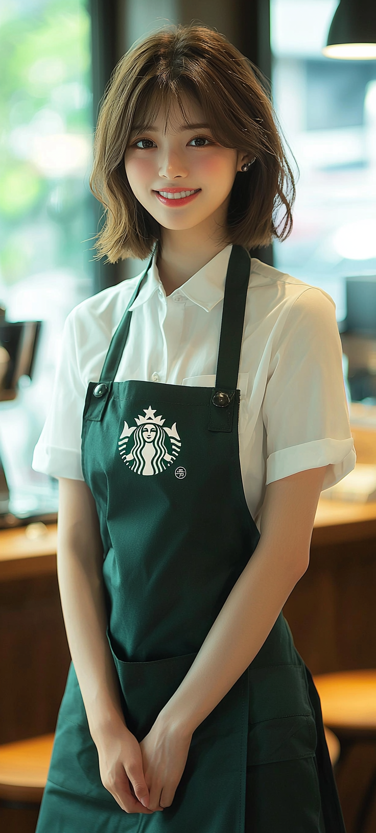 20 year old, top actress face, smiling, neat, Starbucks.