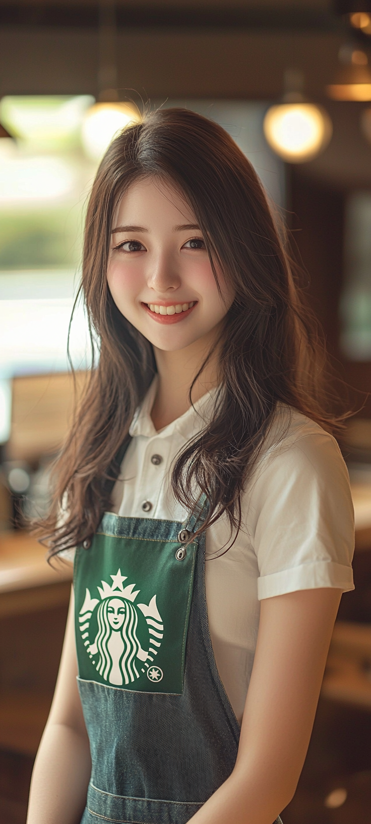 20-year-old Japanese actress, neat Starbucks employee, smiling in apron.