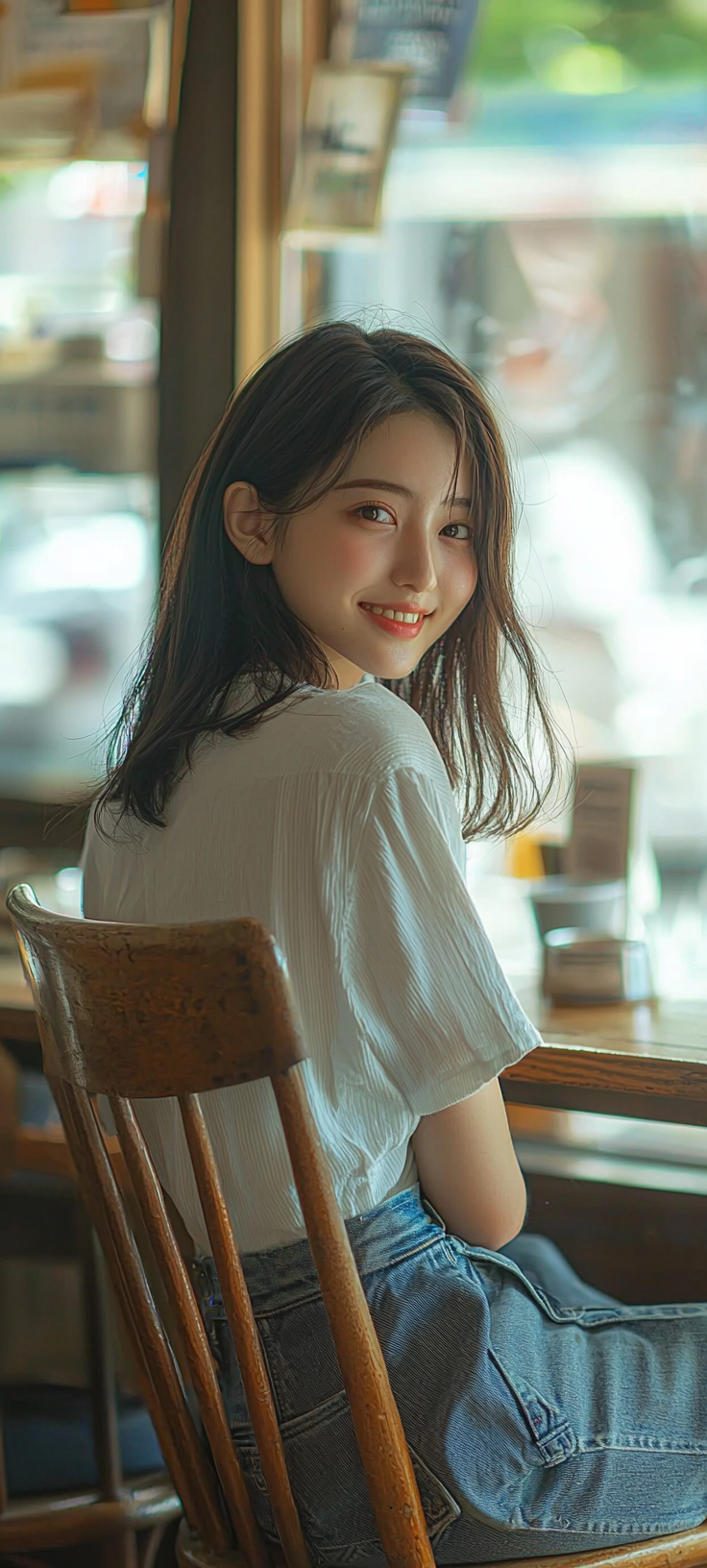 20-year-old Japanese actress with neat, smiling face sitting.