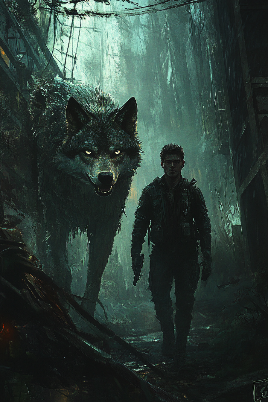 20-year-old man with dark hair, grey eyes, and giant wolf pet, in post-apocalyptic world.