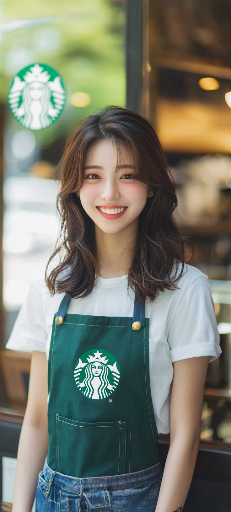 20-year-old top actress working at Starbucks, smiling beautifully.