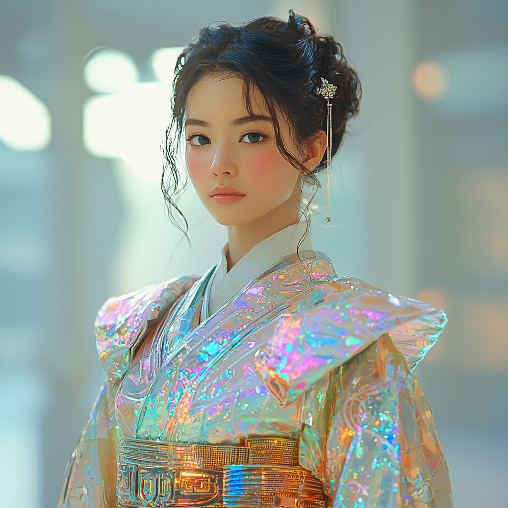 20-year-old woman in futuristic kimono with metallic sheen.