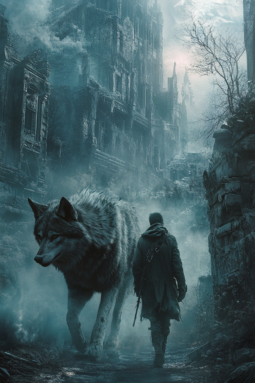 20 years old man with dark hair, grey eyes, big wolf friend, ruined city, post-apocalyptic forest.