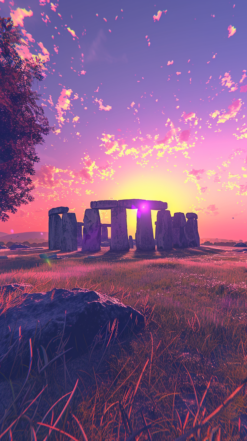 Ancient stone henge sunset field