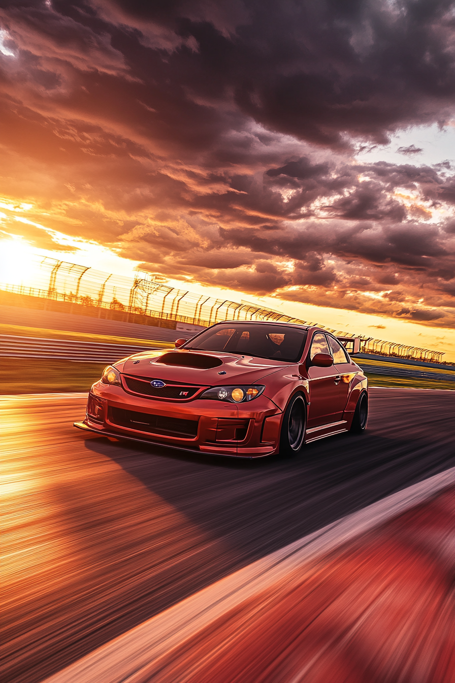 2009 Subaru Impreza WRX STi GH racing at sunset