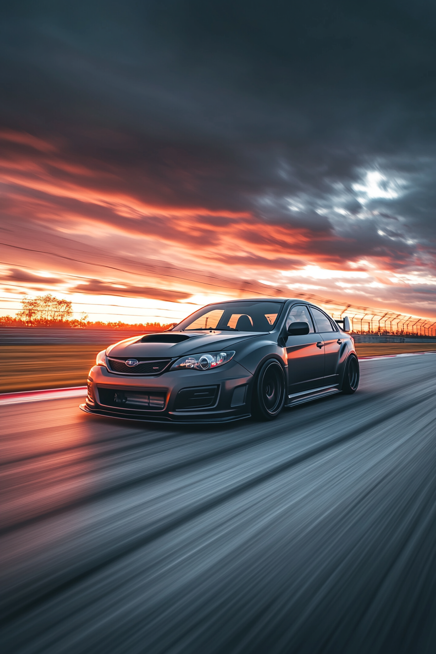 2012 Subaru Impreza Hatchback racing at sunset on track.