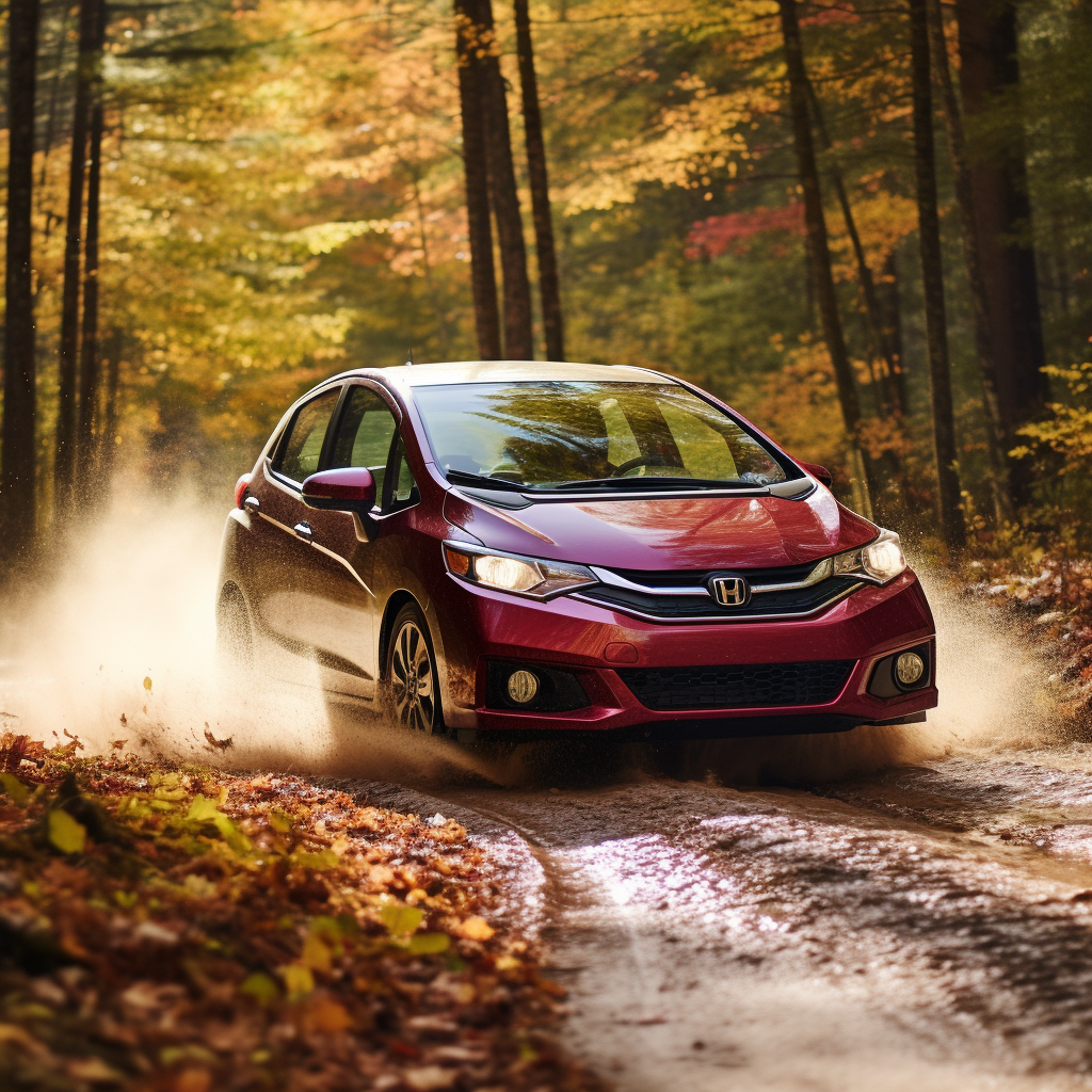 Glamour shot of Honda Fit rallying in forest