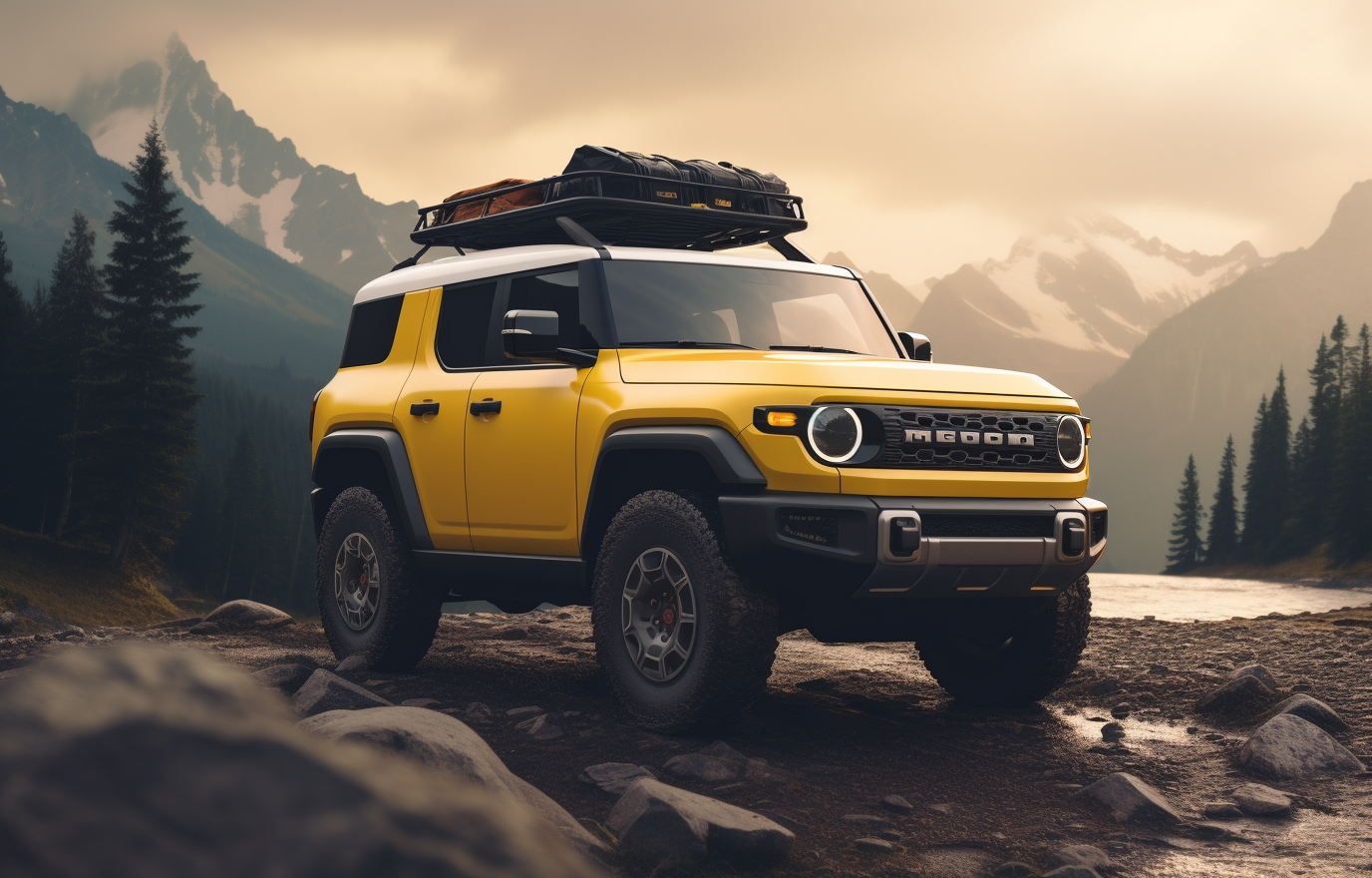 Yellow Toyota FJ Cruiser on rocky mountain trail