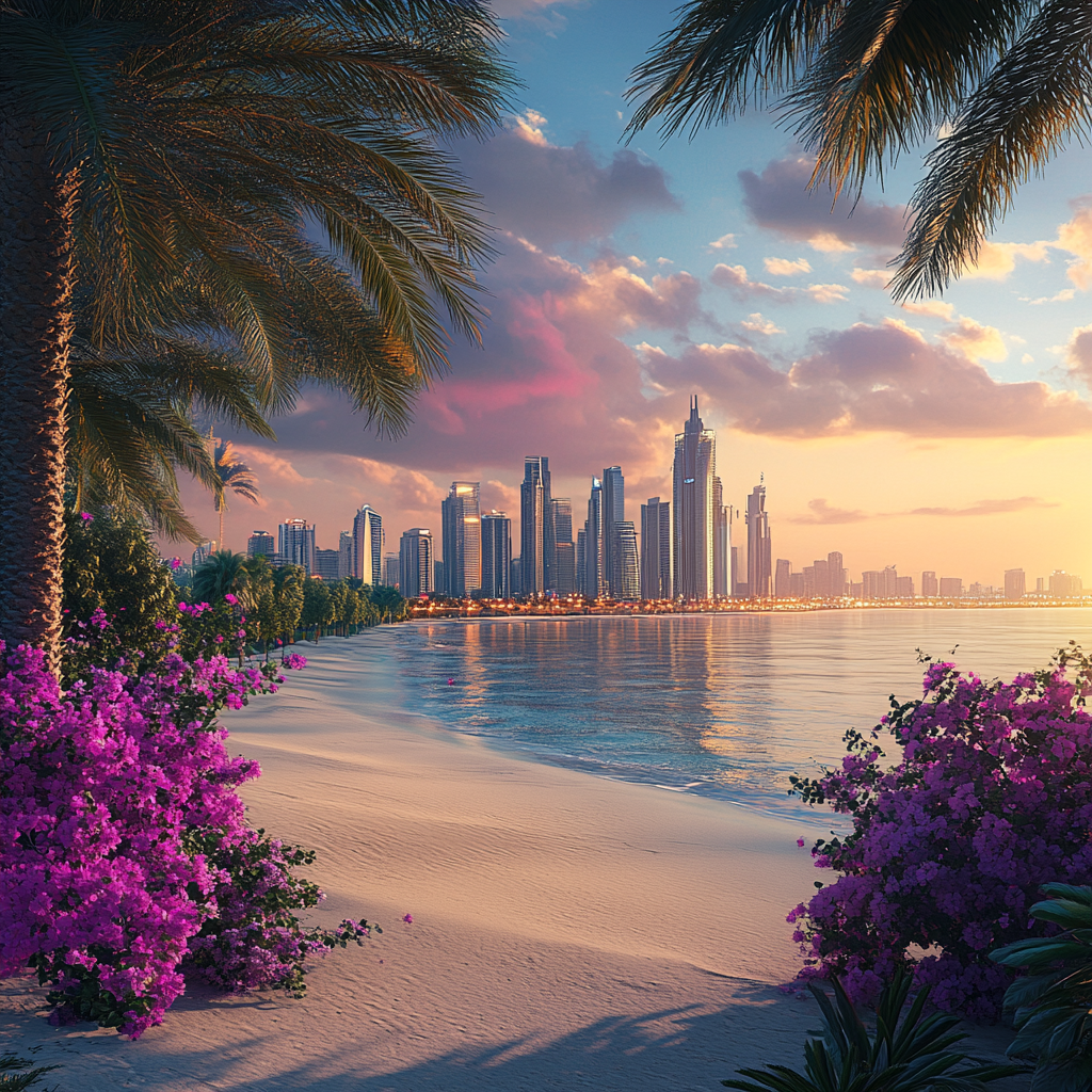 2024 Abu Dhabi city view with sea and desert.