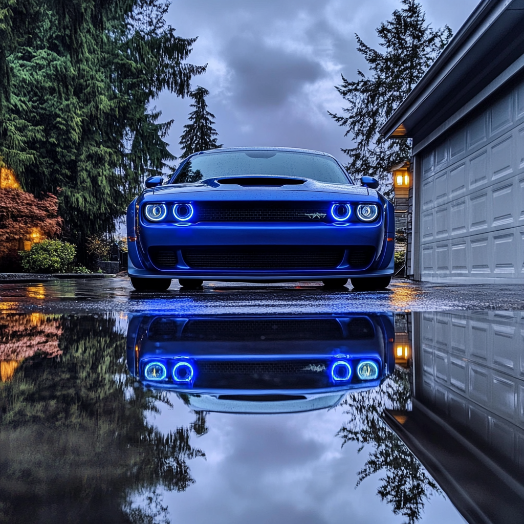 2024 Dodge Challenger Hellcat blue reflects blue lights.