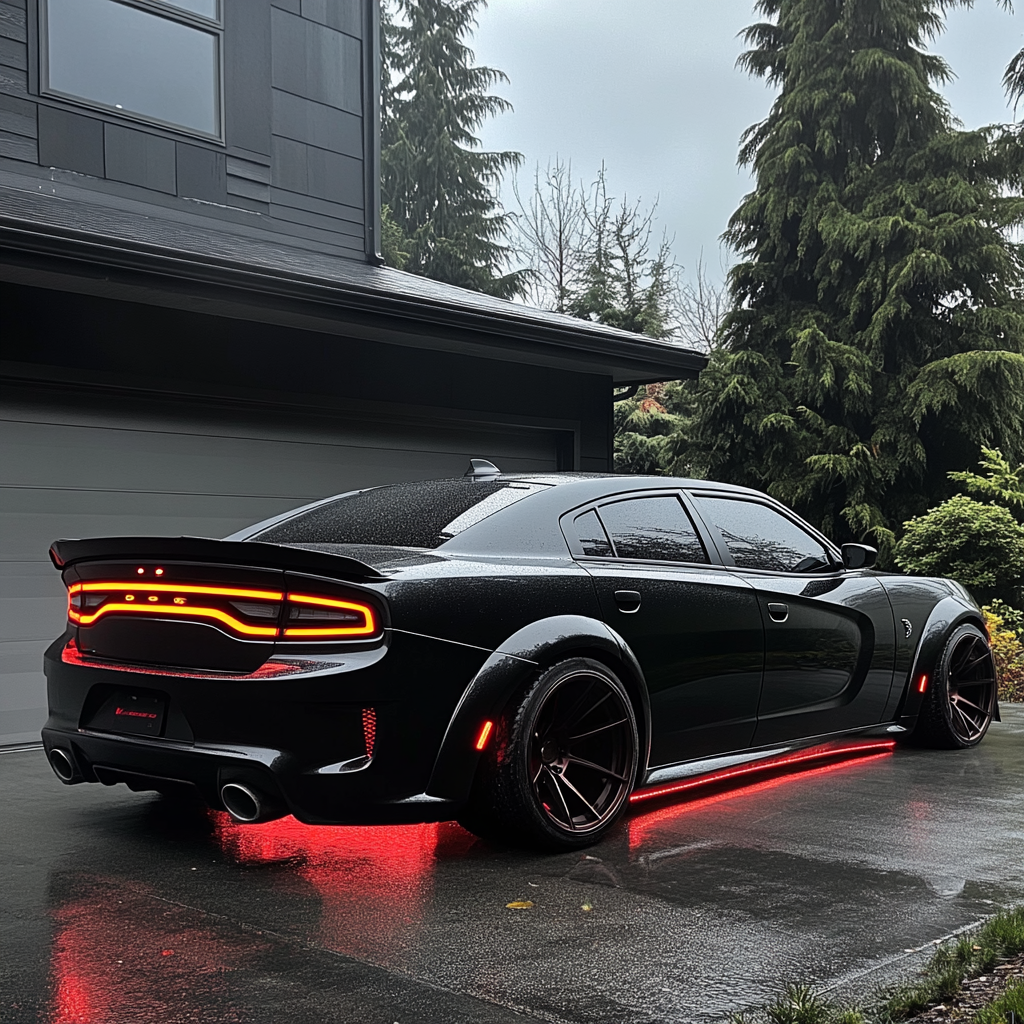 2024 Dodge Charger Hellcat, black, red glow, foggy, parked, Seattle.